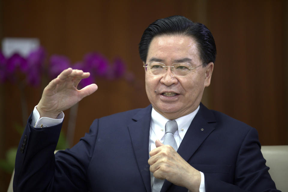 Taiwanese Foreign Minister Joseph Wu speaks during an interview with The Associated Press at his ministry in Taipei, Taiwan, Friday, May 17, 2024. (AP Photo/Chiang Ying-ying)