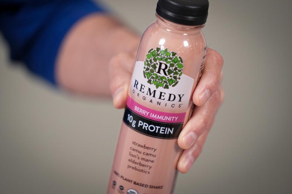 A Remedy Organics plant-based shake with prebiotics, lion’s mane, and other ingredients, is shown above. AP