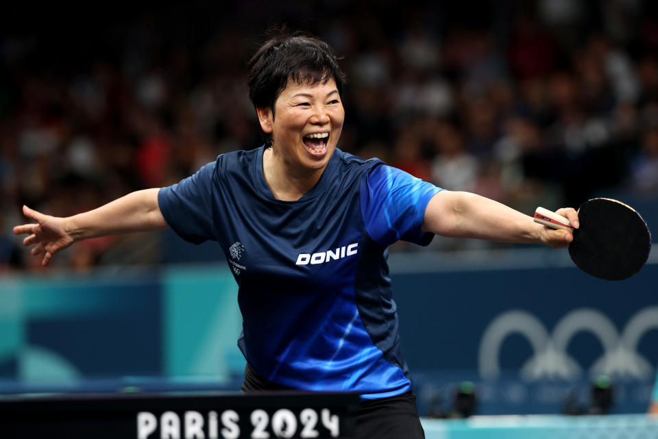 PARIS, FRANCE - JULY 31: Xia Lian NI of Team Luxembourg reacts during the Women’s Singles Round of 32 between Yingsha Sun of Team People's Republic of China and Xia Lian NI of Team Luxembourg on day five of the Olympic Games Paris 2024 at South Paris Arena on July 31, 2024 in Paris, France. (Photo by Jared C. Tilton/Getty Images)