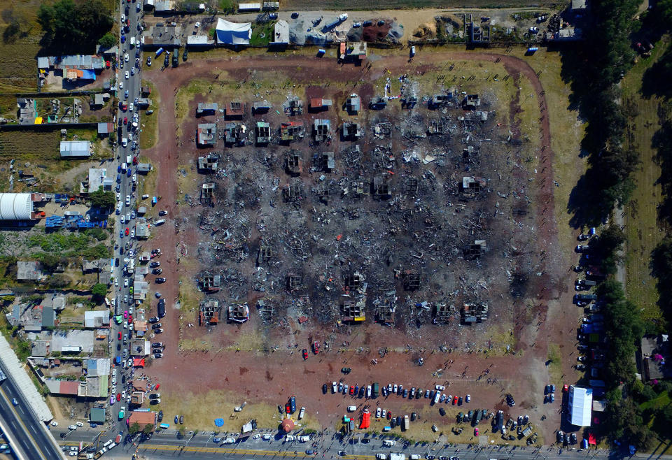 A fireworks market lays in ruins in Tultepec, Mexcio