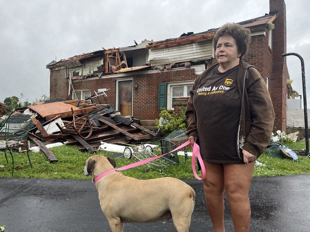 A home off Cothran Road overlooking Bear Creek was damaged by a likely tornado Wednesday, May 8, 2024. Tammy Johnson, 66, has lived in the home for most of her life and was on the scene with her dog Max the day after Thursday, May 9, 2024.