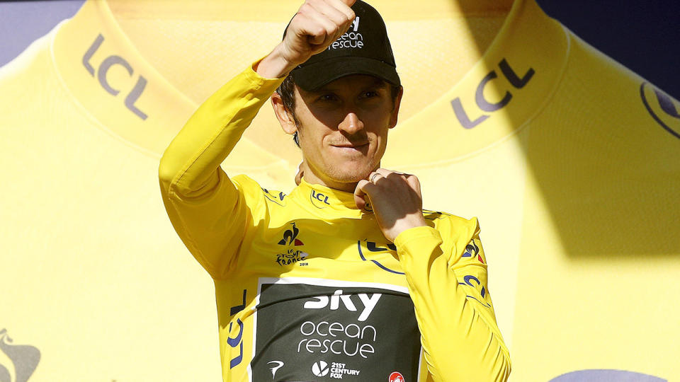 ALPE D’HUEZ, FRANCE – JULY 19: Podium / Geraint Thomas of Great Britain and Team Sky Yellow Leader Jersey / Celebration / during the 105th Tour de France 2018, Stage 12 a 175,5km stage from Bourg-Saint-Maurice Les Arcs to Alpe d’Huez 1850m / TDF / on July 19, 2018 in Alpe d’Huez, France. (Photo by Chris Graythen/Getty Images)