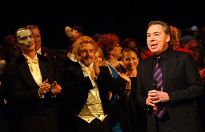 Composer Andrew Lloyd Webber takes part in curtain call ceremonies on January 9, 2006, at New York's Majestic Theatre to mark that "Phantom of the Opera" has become the longest running musical show in Broadway history with it's 7,486th performance. File Photo by Ezio Petersen/UPI