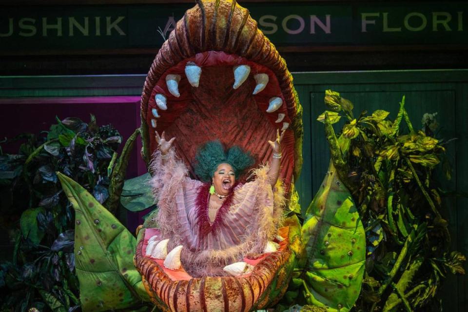 Shon Ruffin, performs as the voice of Audrey II, the man-eating plant, during the final dress rehearsal on in the KC Rep’s production of the “Little Shop of Horrors.”