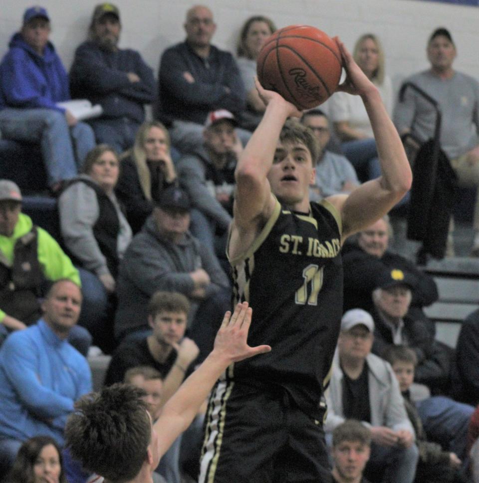 Senior Jonny Ingalls (11) scored a game-high 41 points for the St. Ignace boys, who defeated Crystal Falls Forest Park in a MHSAA Division 4 state quarterfinal basketball matchup at Gladstone on Tuesday.