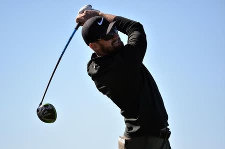 Jan 28, 2017; La Jolla, CA, USA; Patrick Rodgers tees off on the 17th hole during the third round of the Farmers Insurance Open golf tournament at Torrey Pines Municipal Golf Course - South Course. Mandatory Credit: Orlando Ramirez-USA TODAY Sports - RTSXTZS