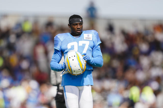 Los Angeles Chargers cornerback J.C. Jackson (27) takes his stance during  an NFL football game against the Seattle Seahawks, Sunday, Oct. 23, 2022,  in Inglewood, Calif. (AP Photo/Kyusung Gong Stock Photo - Alamy