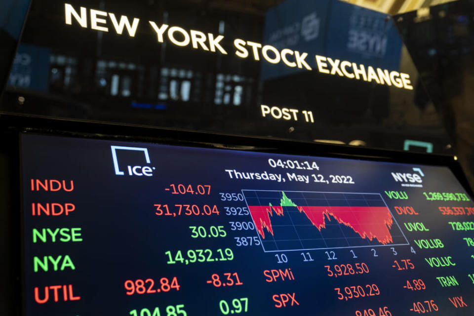 Screens display end-of-day trading results at the New York Stock Exchange on May 12, 2022 in New York. A longstanding rule of thumb holds that a recession occurs when the economy shrinks for two consecutive quarters. (AP Photo/John Minchillo, File)