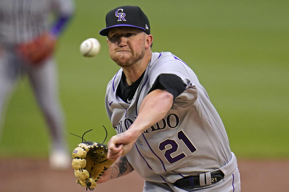 Colorado Rockies starting pitcher Kyle Freeland delivers during the first inning of the team's baseball game against the Pittsburgh Pirates in Pittsburgh, Tuesday, May 24, 2022. (AP Photo/Gene J. Puskar)