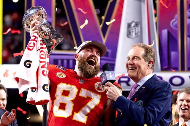 <p>Michael Owens/Getty</p> Travis Kelce at Super Bowl LVIII