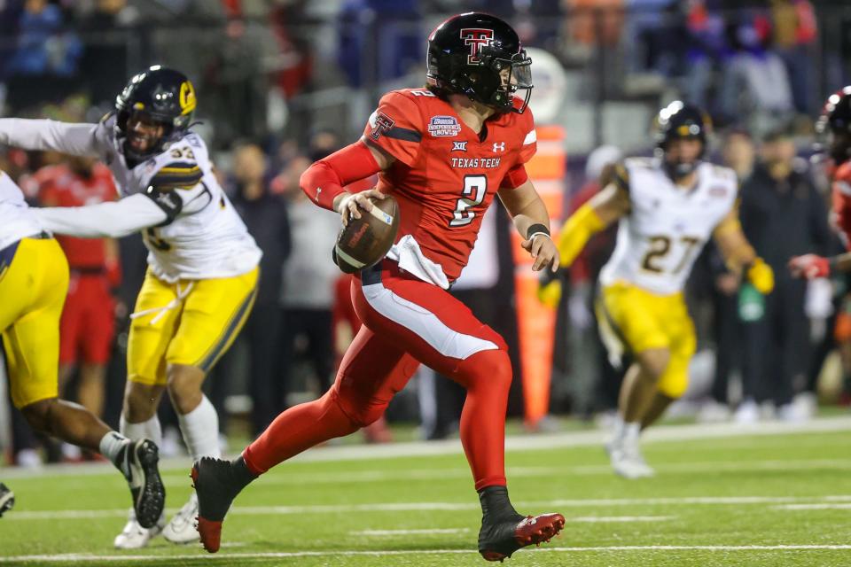 Texas Tech quarterback Behren Morton (2) scrambling out of the pocket during the 47th Radience Technology Independence Bowl Saturday evening, December 16, 2023, in Shreveport, La. Credit: Paul Karge/The Times-USA TODAY NETWORK