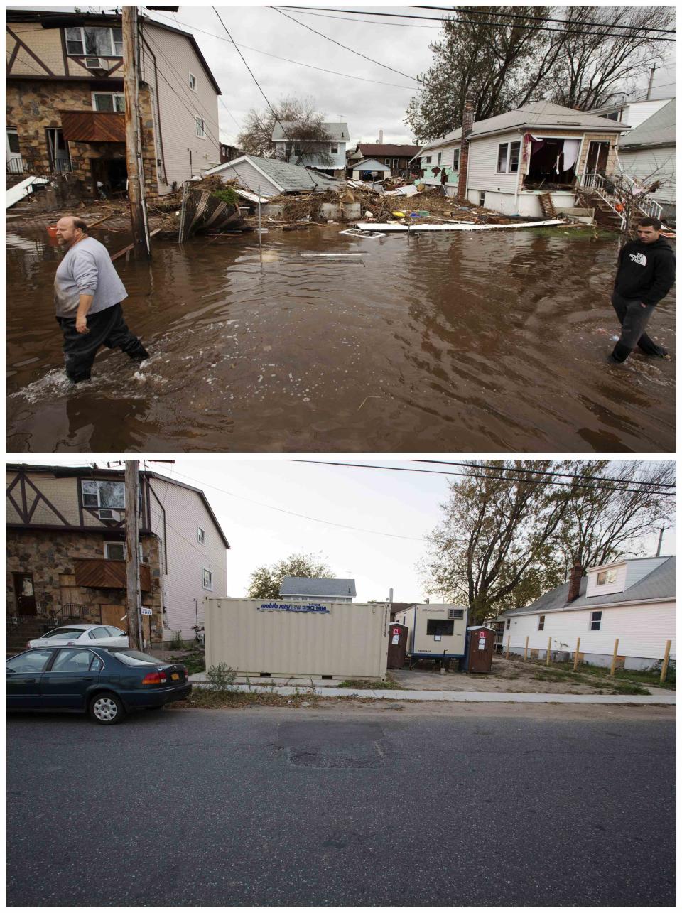 A combination photo shows men walk through flooding left by the storm surge of Superstorm Sandy in the New Dorp Beach neighborhood of the Staten Island borough of New York and the same street in 2013