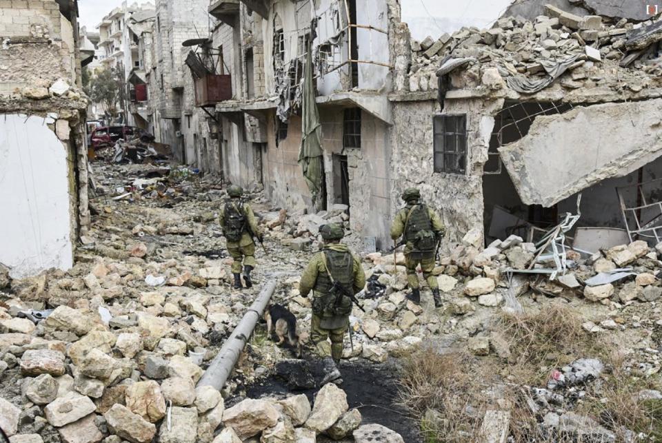 FILE - This undated handout file photo released by the Russian Defense Ministry claims to show Russian Military engineers operating in Aleppo, Syria. Syrian rebels are sending representatives next week to the capital of Kazakhstan for talks with government representatives. With the loss of Aleppo, the election of Donald Trump and the pivot of Turkey toward Russia, the opposition has very little room to maneuver. Without much foreign support and with the wider rebellion in crisis, the opposition will be negotiating for scraps. (Russian Defense Ministry Press Service photo via AP, File)