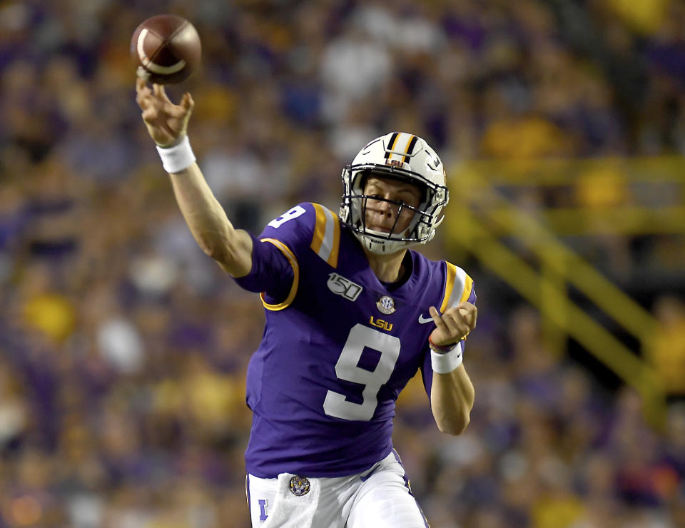 LSU quarterback Joe Burrow (9) throws a completed pass in the first half of an NCAA football game against Northwestern State Saturday in Baton Rouge, La., Sept. 14, 2019. (AP Photo/Patrick Dennis)