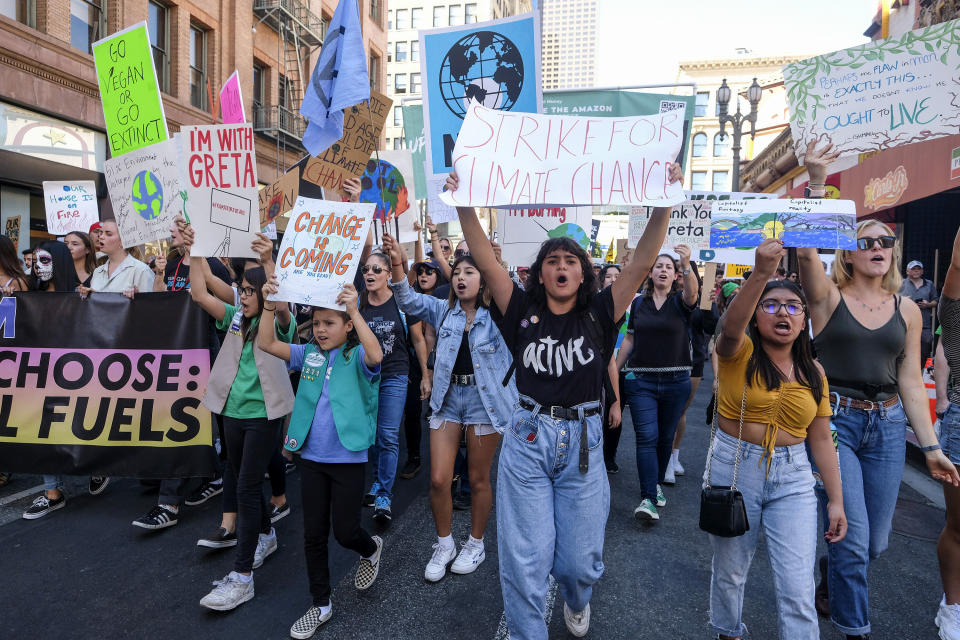 Climate activists participate in a student-led climate change march in Los Angeles on Nov. 1, 2019. (Photo: ASSOCIATED PRESS)