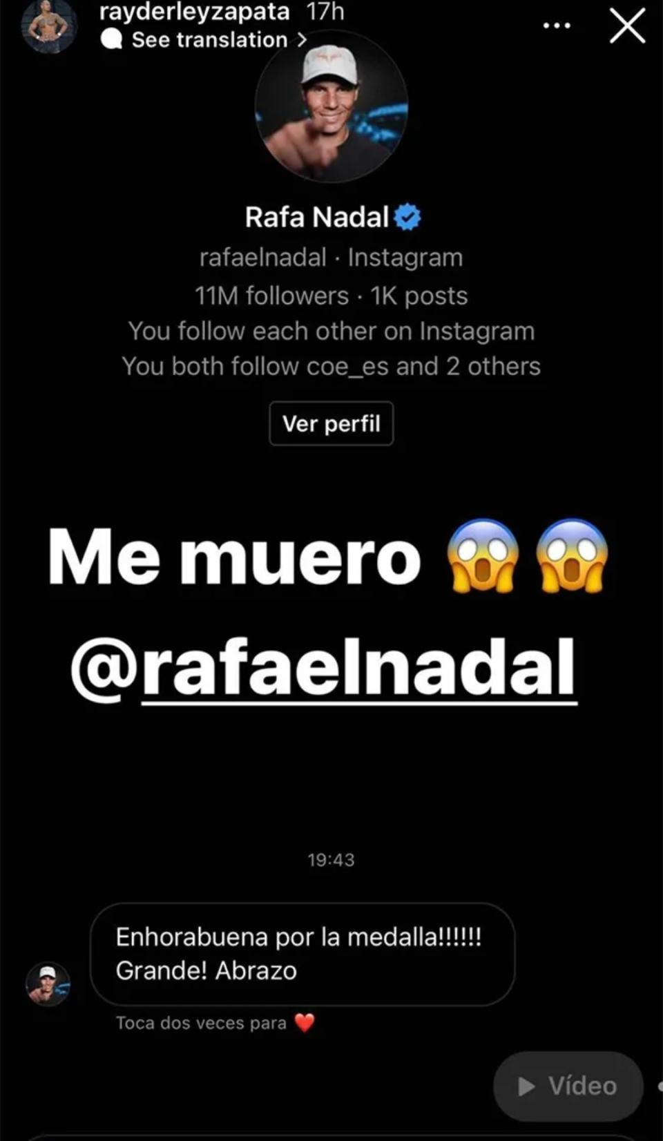 Rafa Nadal envió un mensaje a Rayderly Zapara a través de Instagram después de que ganara la medalla de plata en los Juegos Olímpicos de Tokio. (Foto: Instagram / @rayderleyzapata).