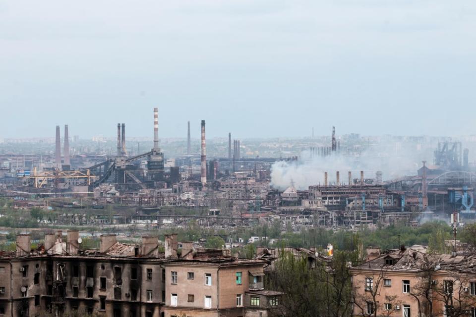 Smoke rises from the Metallurgical Combine Azovstal in Mariupol (Copyright 2022 The Associated Press. All rights reserved.)