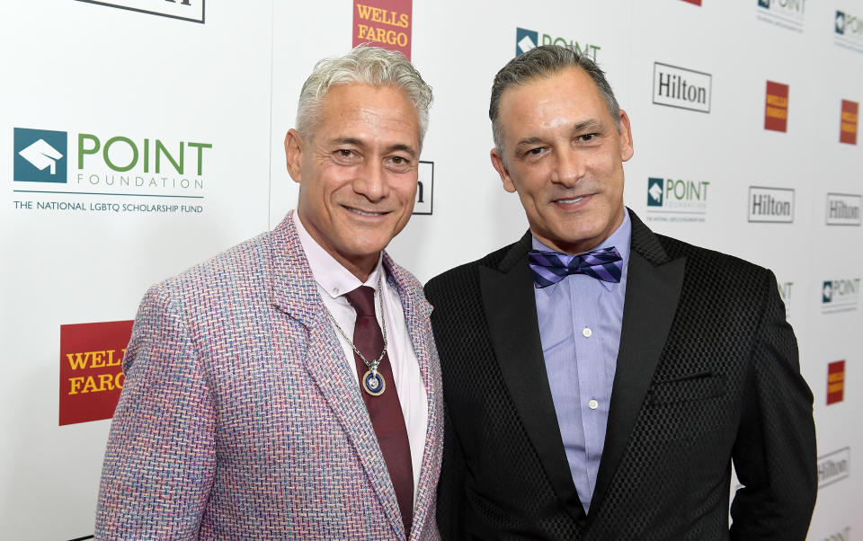 BEVERLY HILLS, CA - OCTOBER 07:  Greg Louganis (L) and Johnny Chaillot at Point Honors Los Angeles 2017, benefiting Point Foundation, at The Beverly Hilton Hotel on October 7, 2017 in Beverly Hills, California.  (Photo by Matt Winkelmeyer/Getty Images for Point Honors)