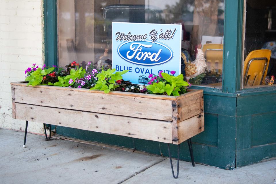A sign welcoming the upcoming Ford BlueOval Plant seen in a flower bed in Stanton, Tennessee, on Thursday, June 8, 2023.