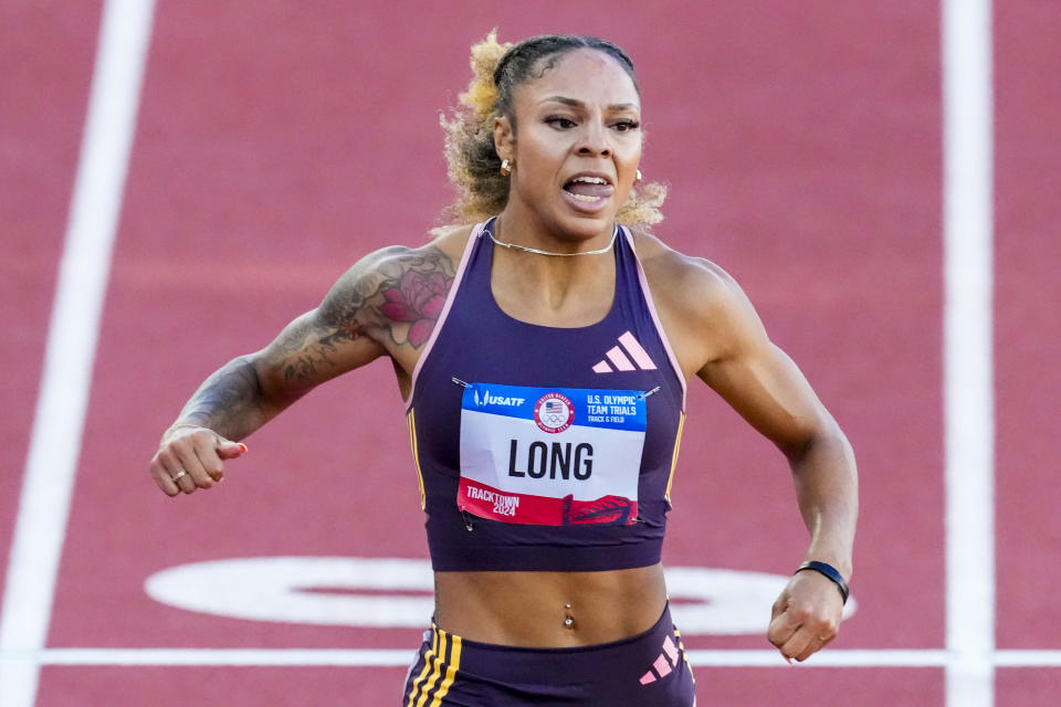 McKenzie Long wins a heat women's 200-meter semi-finals during the U.S. Track and Field Olympic Team Trials Friday, June 28, 2024, in Eugene, Ore. (AP Photo/Chris Carlson)