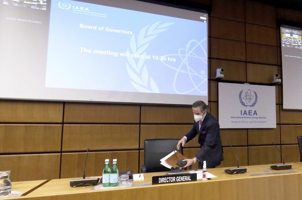 Director General of International Atomic Energy Agency, IAEA, Rafael Mariano Grossi from Argentina, arrives for the start of the IAEA board of governors meeting at the International Center in Vienna, Austria, Monday, March 1, 2021. Due to restrictions related to COVID-19, it will be organised as a virtual meeting from the IAEA. (AP Photo/Ronald Zak)