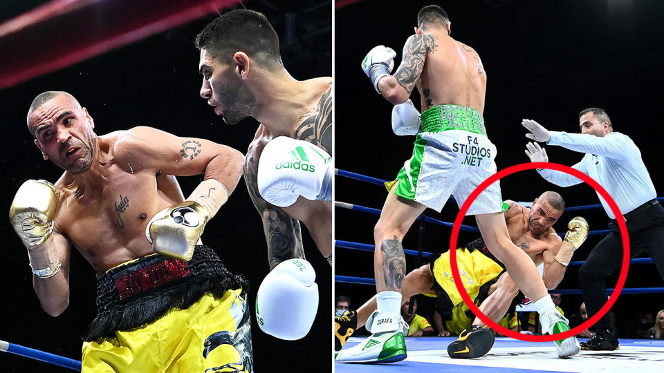 Seen here, Anthony Mundine goes down in a 1st round KO loss to Michael Zerafa.