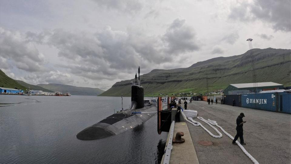 The U.S. Virginia-class submarine Delaware arrives in Tórshavn on June 26, 2023, for a scheduled port visit, marking the first time a U.S. nuclear-powered submarine has moored in the Faroe Islands. (Cmdr. Michael N. Mowry/U.S. Navy)