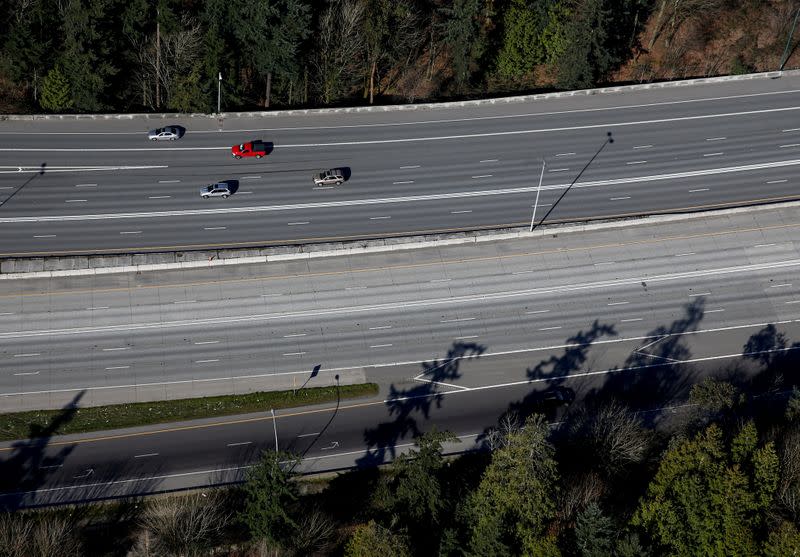 FILE PHOTO: Cars travel on Interstate 405 near Bellevue during the outbreak of coronavirus disease (COVID-19), shown in this aerial photo over Bellevue