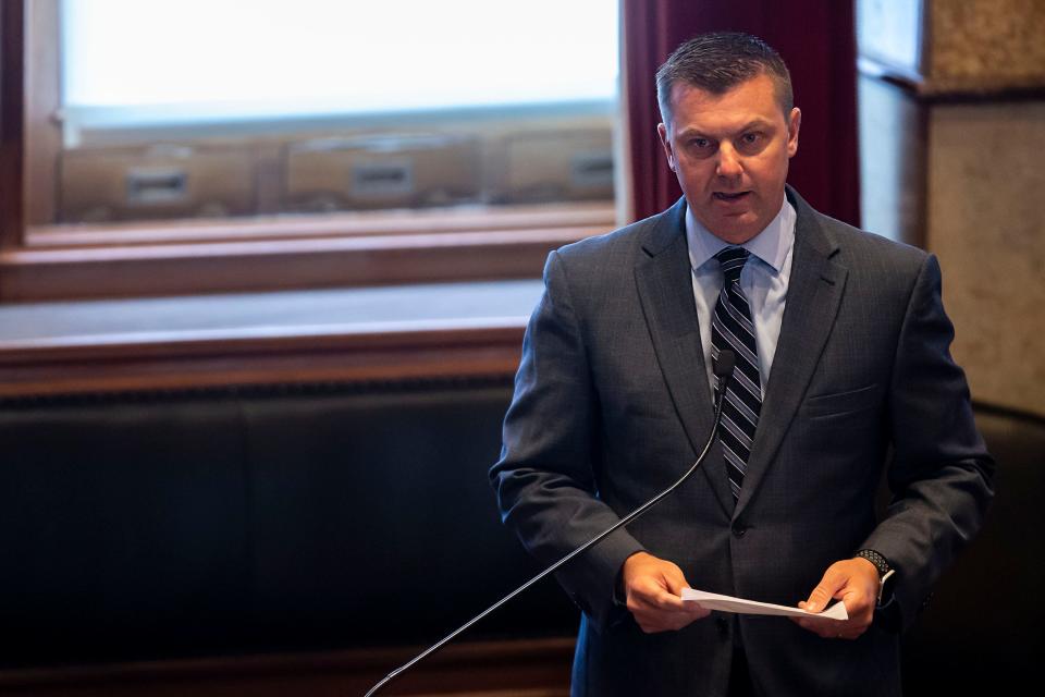 Iowa Sen. Jack Whitver, R-Ankeny, speaks to the Senate at the beginning of a special session to address redistricting maps Oct. 5 at the Iowa State Capitol in Des Moines.