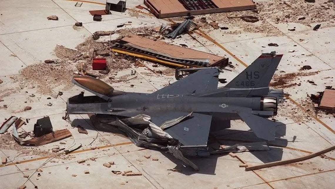 An F-16 fighter jet sits amid the rubble at Homestead Air Force Base after Hurricane Andrew blew through South Miami-Dade on Aug, 24, 1992.