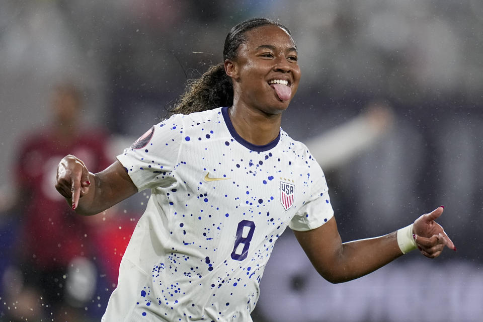 United States' Jaedyn Shaw celebrates after scoring a goal against Canada during the first half of a CONCACAF Gold Cup women's soccer tournament semifinal match, Wednesday, March 6, 2024, in San Diego. (AP Photo/Gregory Bull)