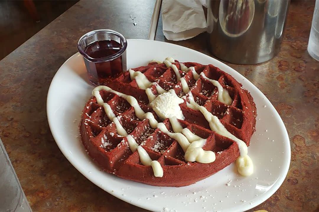 Johnny D's Waffles and Benedicts red velvet waffles