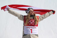 <p>Gold medalist Anna Gasser of Austria celebrates during the victory ceremony after the Snowboard – Ladies’ Big Air Final on day 13 of the PyeongChang 2018 Winter Olympic Games at Phoenix Snow Park on February 22, 2018 in Pyeongchang-gun, South Korea. (Photo by Al Bello/Getty Images) </p>