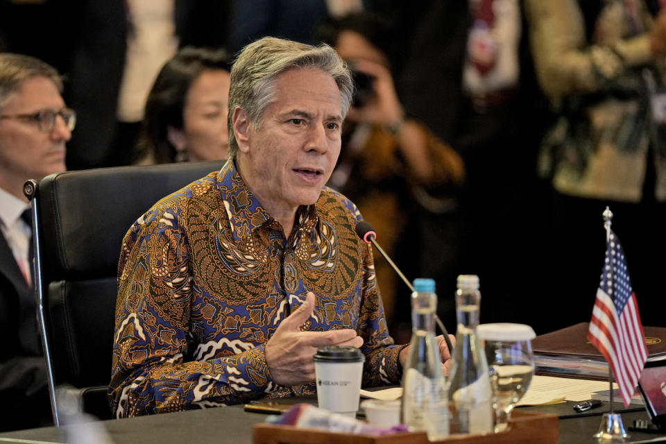 U.S. Secretary of State Antony Blinken speaks during the ASEAN Post Ministerial Conference with the United States at the Association of Southeast Asian Nations (ASEAN) Foreign Ministers' Meeting in Jakarta, Indonesia, Friday, July 14, 2023. (AP Photo/Dita Alangkara, Pool)