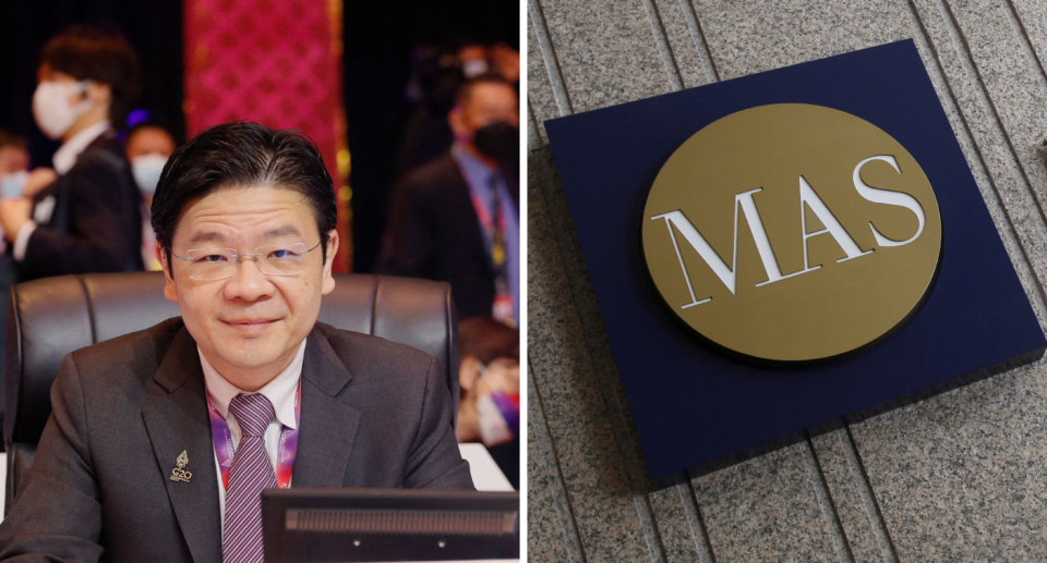 On the left is Finance Minister Lawrence Wong and on the right is the MAS logo. (PHOTO: Getty) 
