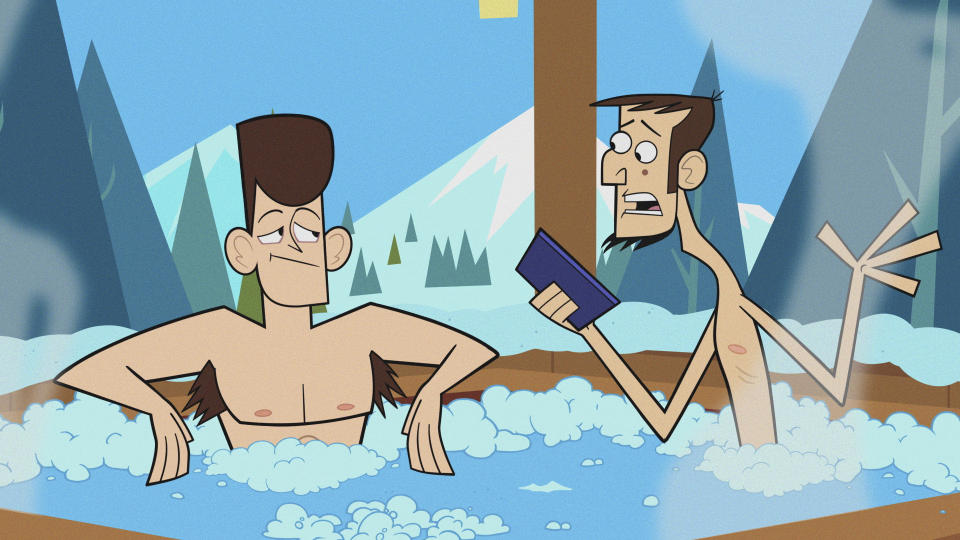 This image released by Max shows animated characters Abe Lincoln, voiced by Will Forte, right, and JFK, voiced by Christopher Miller, in a scene from "Clone High." (Max via AP)