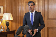 British Prime Minister Rishi Sunak issues a statement after British and US forces struck Houthi targets in Yemen, at 10 Downing Street, London, Friday May 31, 2024. The U.S. and Britain struck 13 Houthi targets in several locations in Yemen on Thursday in response to a recent surge in attacks by the Iran-backed militia group on ships in the Red Sea and Gulf of Aden over the Israel-Hamas war. (Yui Mok/Pool Photo via AP)