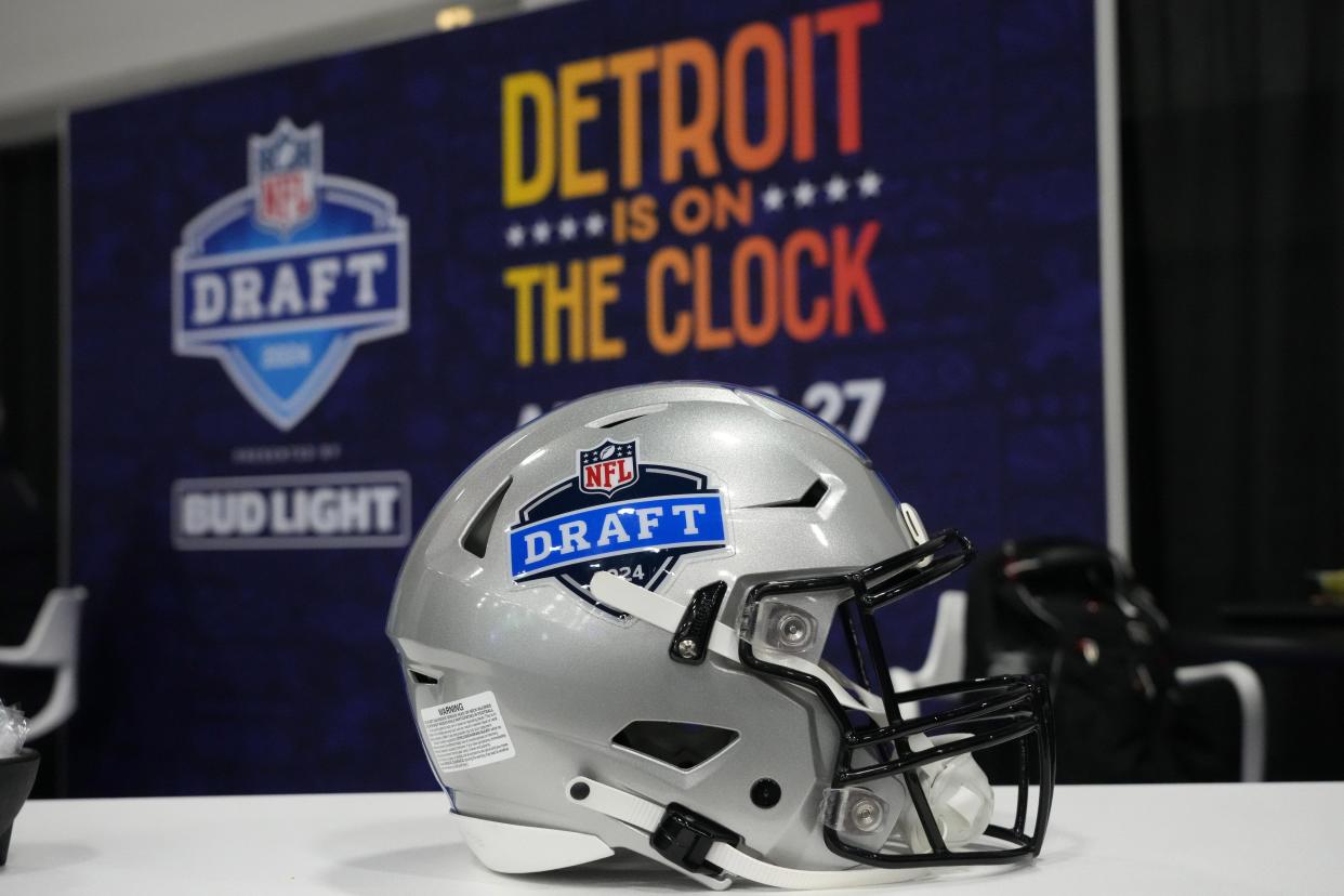 A helmet with the 2024 NFL draft in Detroit logo is on display at the Super Bowl 58 media center at the Mandalay Bay resort and casino.