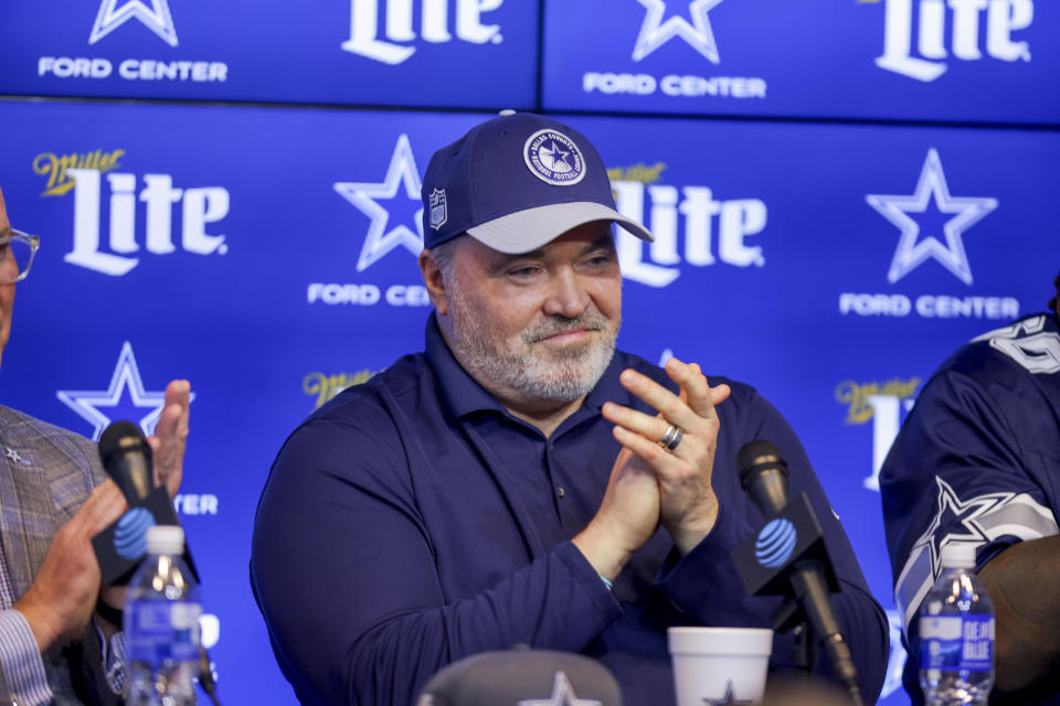 Dallas Cowboys head coach Mike McCarthy attends an NFL football news conference in Frisco, Texas, Friday, April 26, 2024. (AP Photo/Gareth Patterson)
