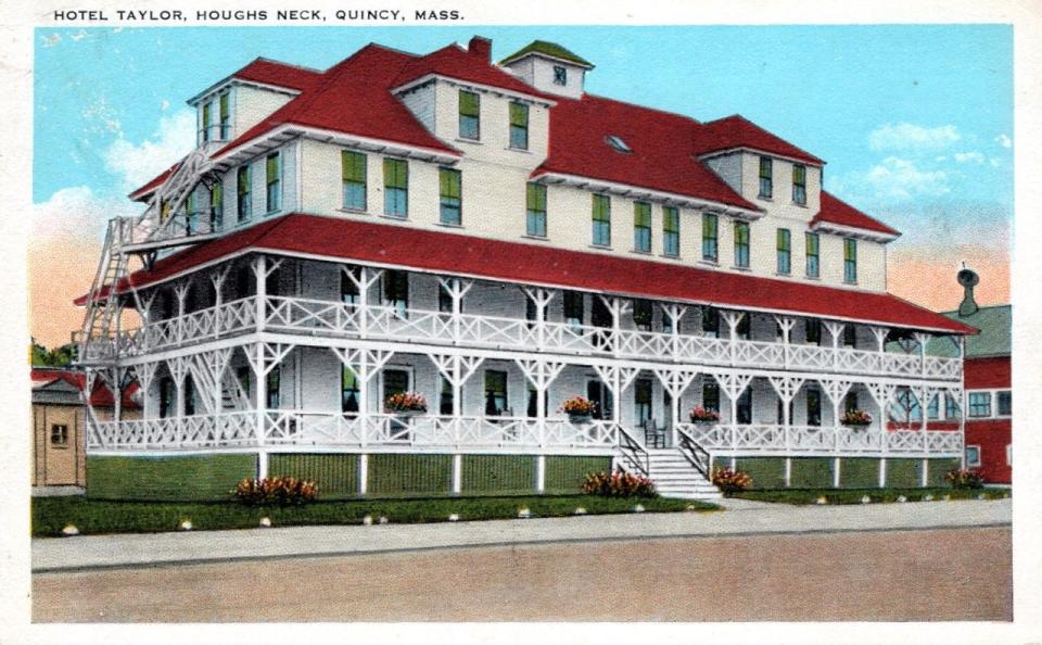 A postcard shows the Hotel Taylor in Houghs Neck in Quincy. This is a later version of the Fensmere Hotel and the Pandora Hotel.