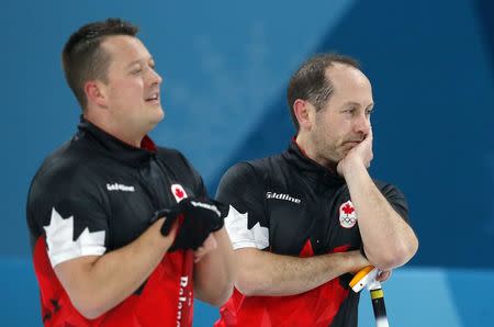 Curling - Pyeongchang 2018 Winter Olympics - Men's Semi-final - Canada v U.S. - Gangneung Curling Center - Gangneung, South Korea - February 22, 2018 - Lead Ben Hebert and second Brent Laing of Canada react during the game. REUTERS/Phil Noble