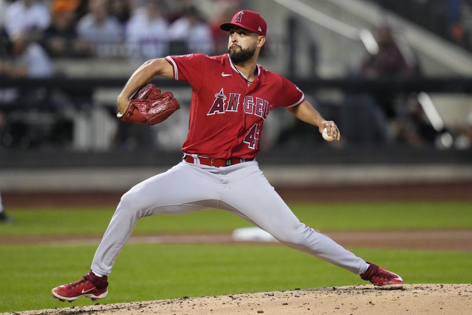 Los Angeles Angels' Patrick Sandoval pitches during the second inning of a baseball game against the New York Mets, Friday, Aug. 25, 2023, in New York. (AP Photo/Frank Franklin II)