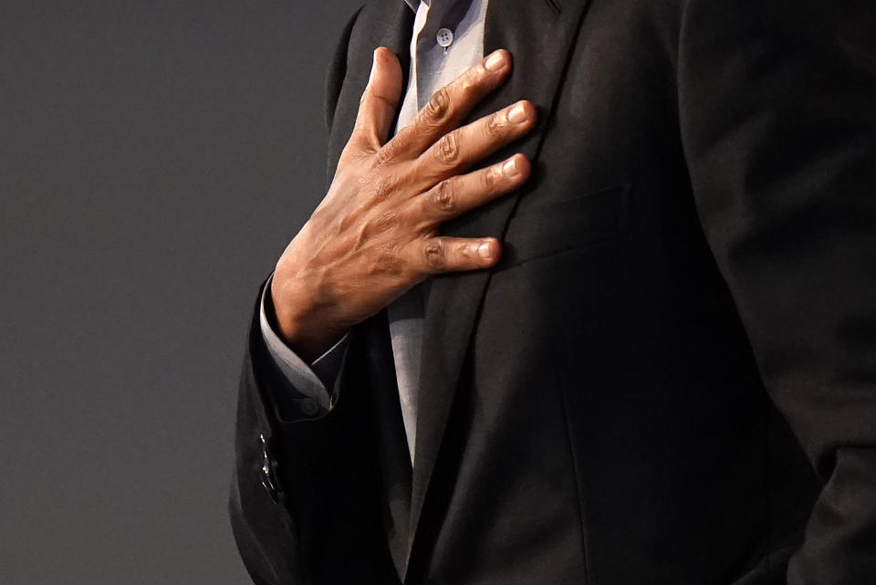 Former U.S. President Barack Obama gestures as he speaks during the COP26 U.N. Climate Summit in Glasgow, Scotland, Monday, Nov. 8, 2021. The U.N. climate summit in Glasgow is entering it's second week as leaders from around the world, are gathering in Scotland's biggest city, to lay out their vision for addressing the common challenge of global warming. (AP Photo/Alberto Pezzali)