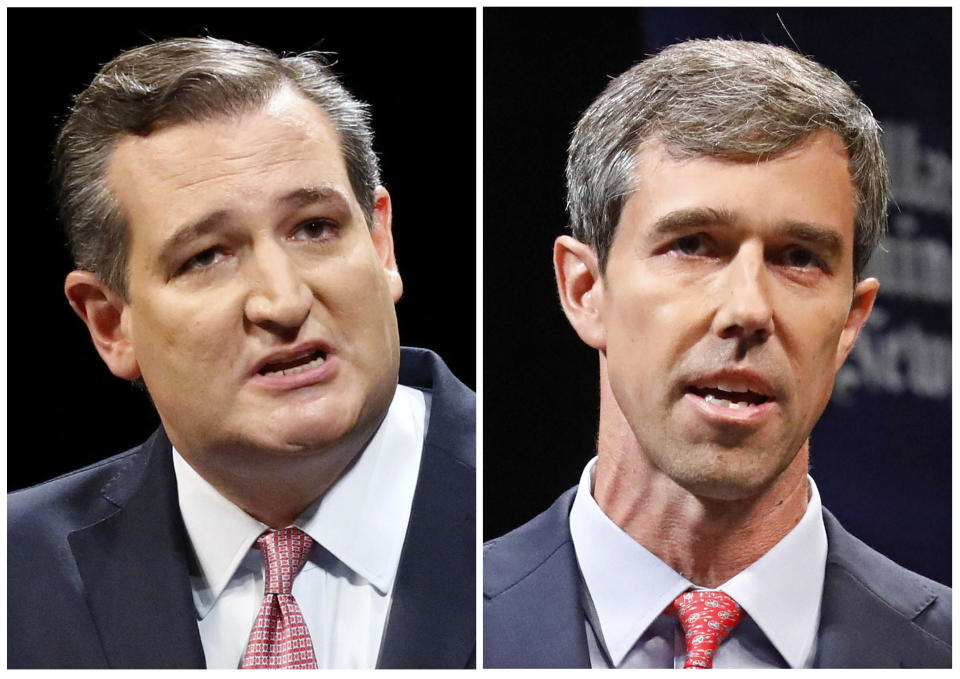 This combination of Sept. 21, 2018, file photos show Republican U.S. Senator Ted Cruz, left, and Democratic U.S. Representative Beto O'Rourke, right, during their first Senate debate in Dallas. O'Rourke says there's still work to do after being asked about Hispanic outreach in his race against Cruz. O'Rourke needs a broad electorate in November to have a chance at pulling off one of the biggest upsets of the 2018 midterms. His path to victory includes getting more Latinos to the polls, which Texas Democrats have struggled to do for decades. (Tom Fox/The Dallas Morning News via AP, Pool, File)