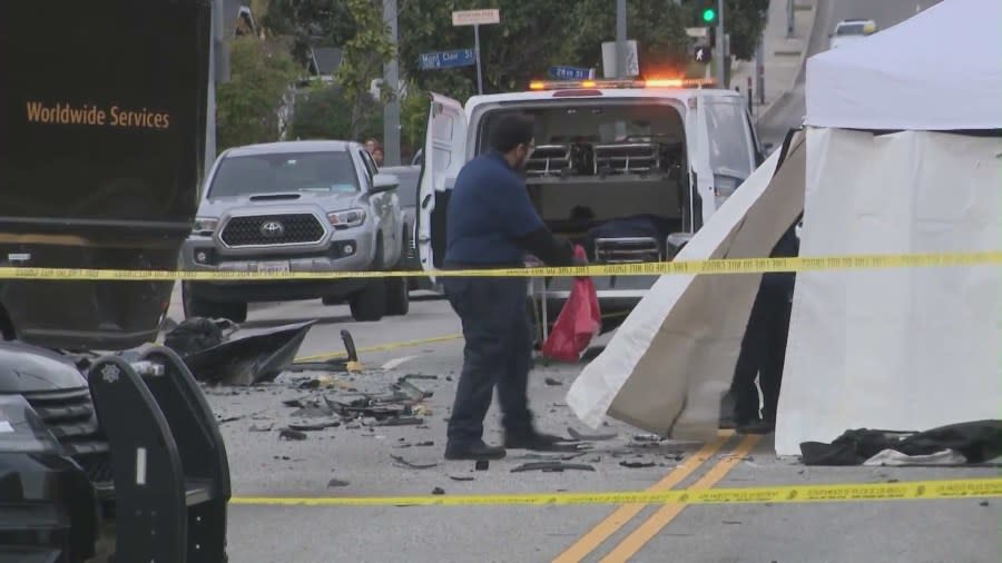 Two people were killed after being ejected from a vehicle where the suspected DUI driver attempted to flee the scene in Jefferson Park on March 28, 2024. (KTLA)