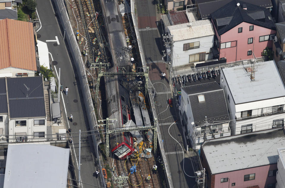 A train is seen as it is derailed after a collision with a truck in Yokohama, near Tokyo , Japan in this photo taken by Kyodo September 5, 2019.  Mandatory credit Kyodo/via REUTERS ATTENTION EDITORS - THIS IMAGE WAS PROVIDED BY A THIRD PARTY. MANDATORY CREDIT. JAPAN OUT. NO COMMERCIAL OR EDITORIAL SALES IN JAPAN.