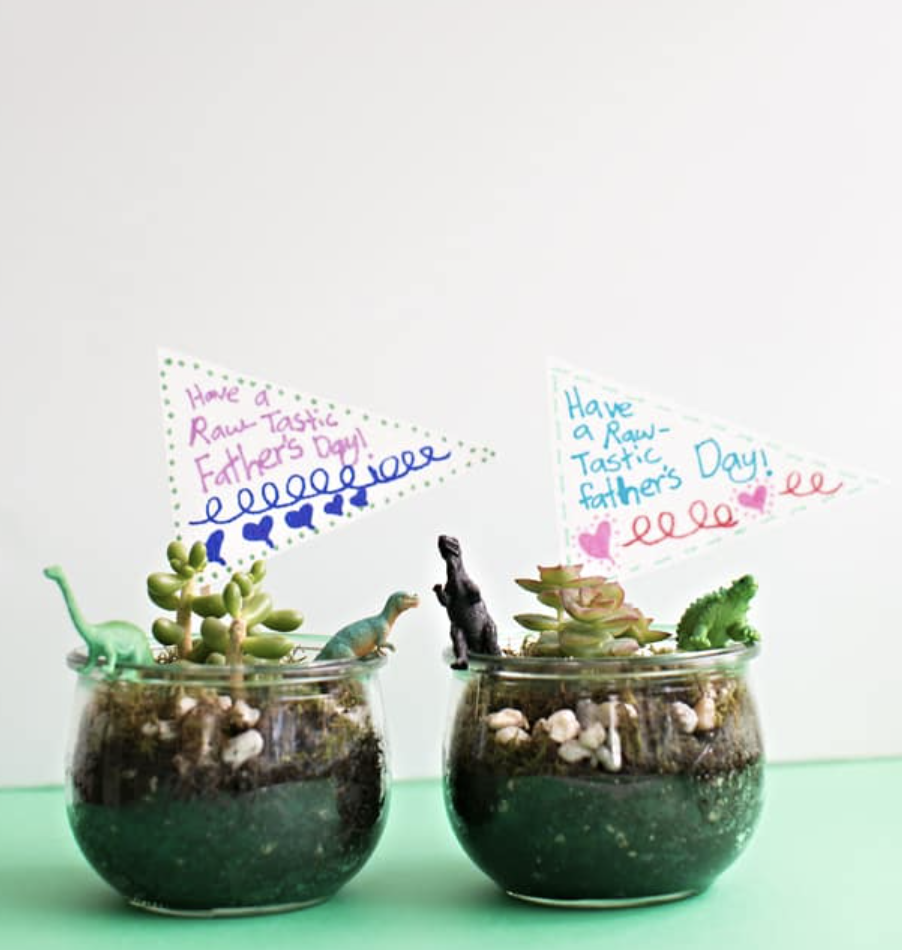 father's day crafts, terrarium with pebbles, soil, moss and toy dinosaurs