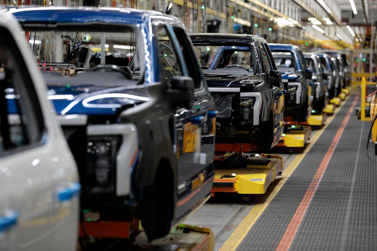 Ford Motor Company's electric F-150 Lightning on the production line at their Rouge Electric Vehicle Center in Dearborn, Michigan on September 8, 2022. (Photo by JEFF KOWALSKY / AFP) (Photo by JEFF KOWALSKY/AFP via Getty Images)