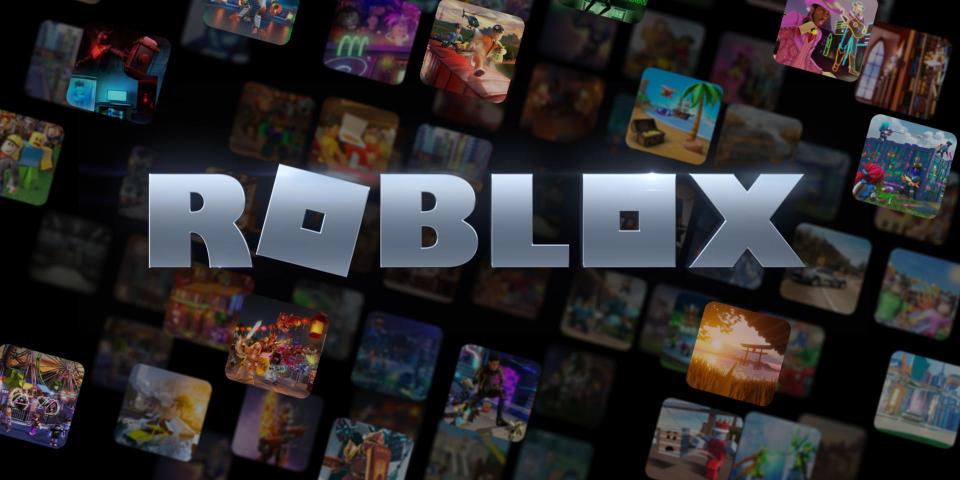 Roblox new logo over images of the platform