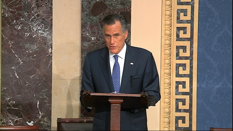 In this image from video, Sen. Mitt Romney, R-Utah, speaks on the Senate floor about the impeachment trial against President Donald Trump at the U.S. Capitol in Washington, Wednesday, Feb. 5, 2020. The Senate will vote on the Articles of Impeachment on Wednesday afternoon. (Senate Television via AP)